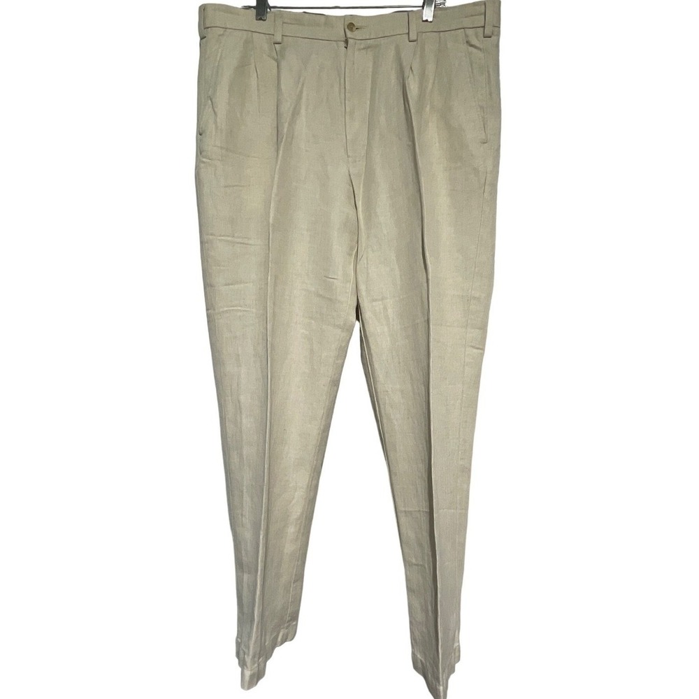 Caribbean Linen Pants Mens 38x30 Pleated Beige Casual Summer Trousers Slacks EUC